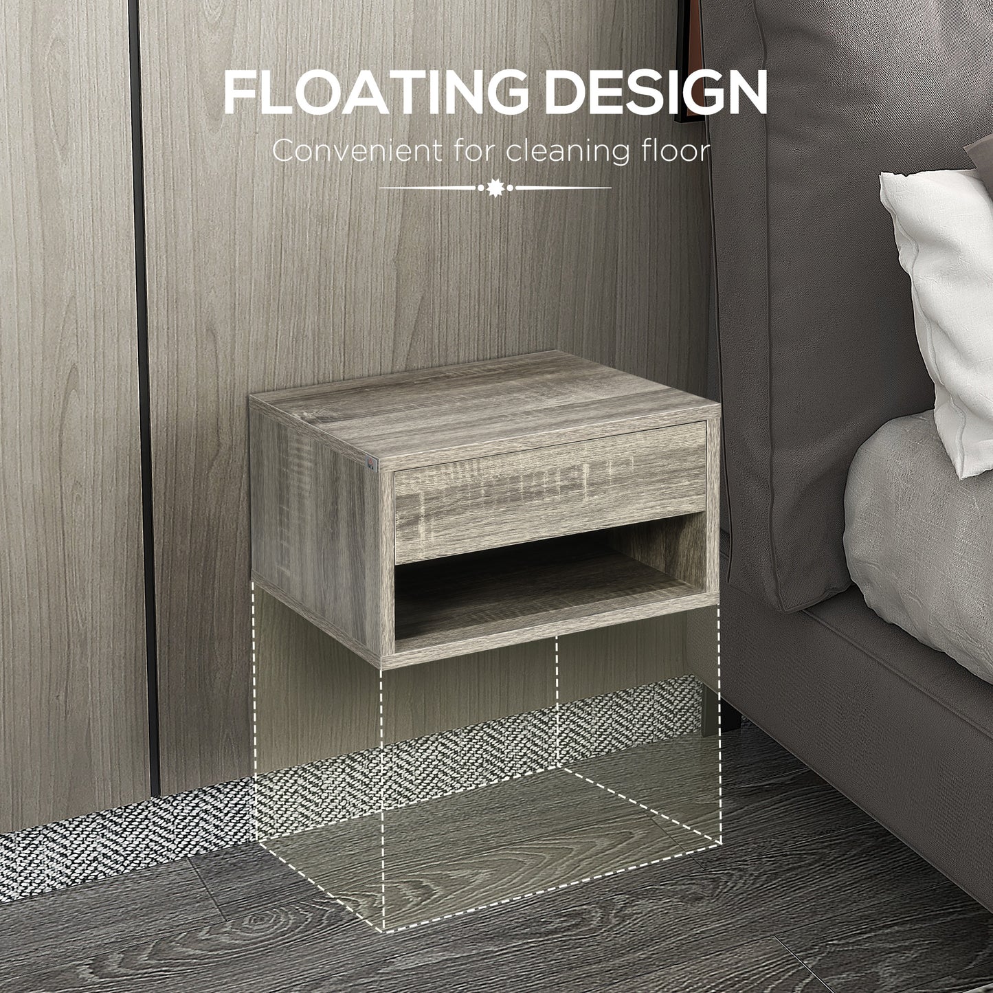 Rosama Set Of 2 Grey Wood Effect Floating Bedside Tables Wall Mounted 1 Drawer 1 Shelf