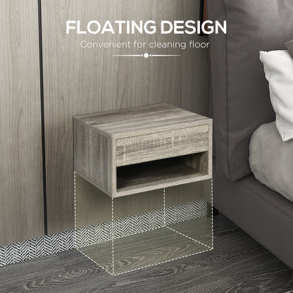 Rosama Set Of 2 Grey Wood Effect Floating Bedside Tables Wall Mounted 1 Drawer 1 Shelf