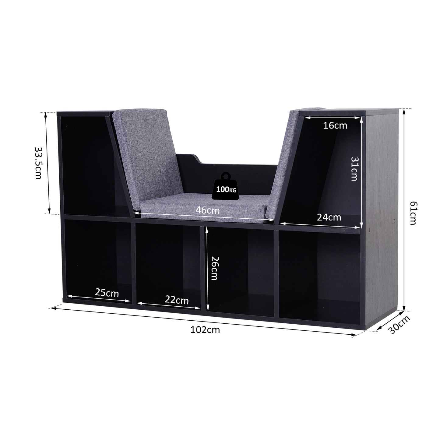 Yofilo Wood And Fabric Black Cube Bookcase With Built In Reading Seat