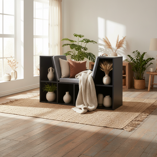 Yofilo Wood And Fabric Black Cube Bookcase With Built In Reading Seat