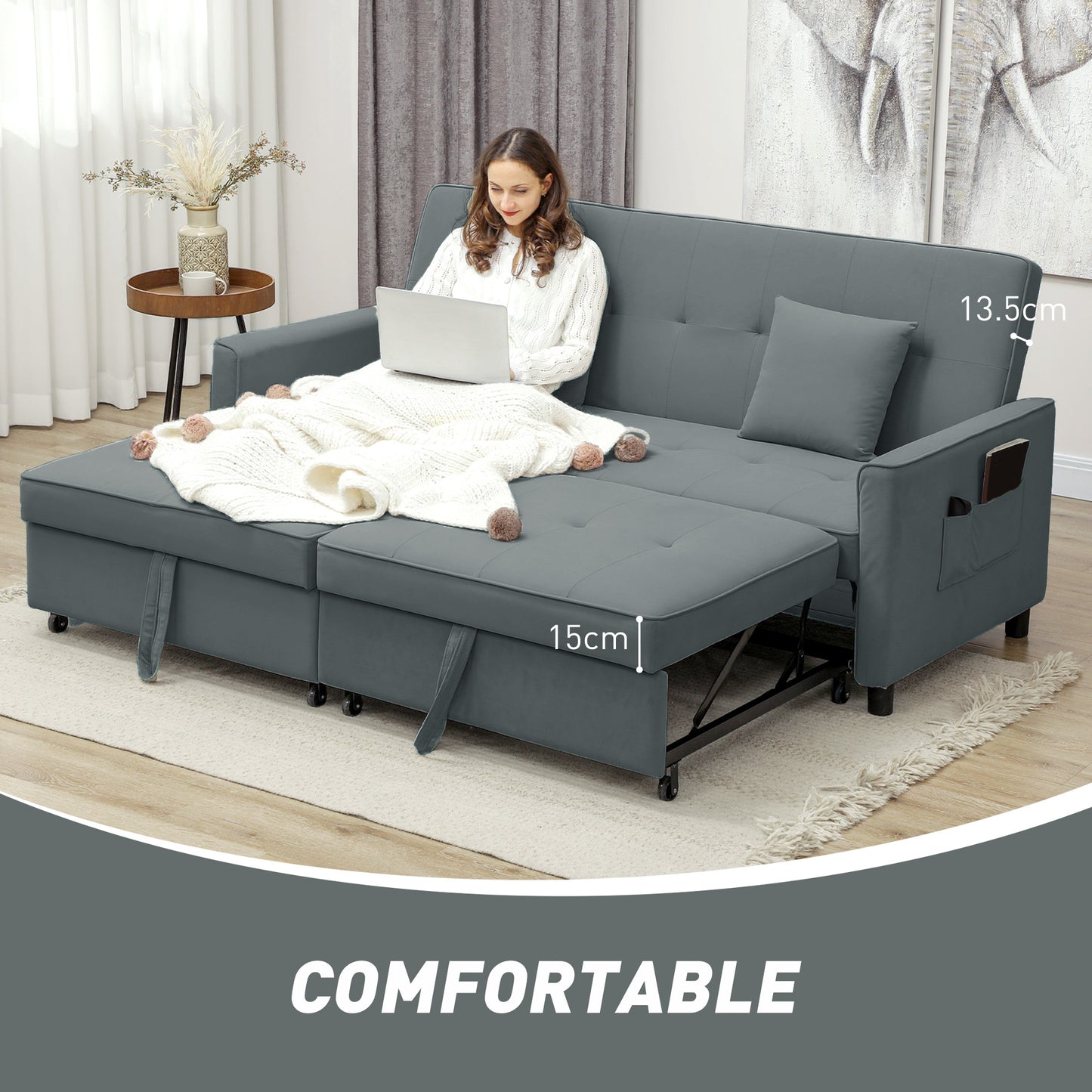 Senosa Grey Upholstered 3 Seater Convertible Sofa Bed Tufted