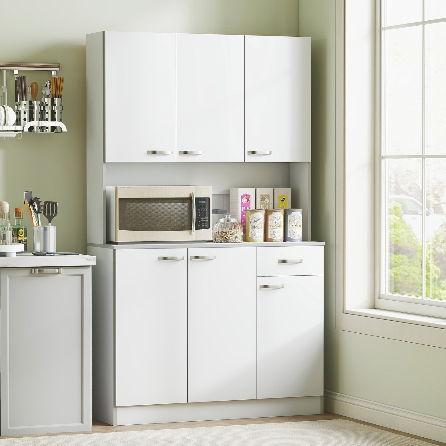 Tovesu Wooden White Large Kitchen Cupboard With 6 Doors 1 Drawer 5 Shelves And Countertop