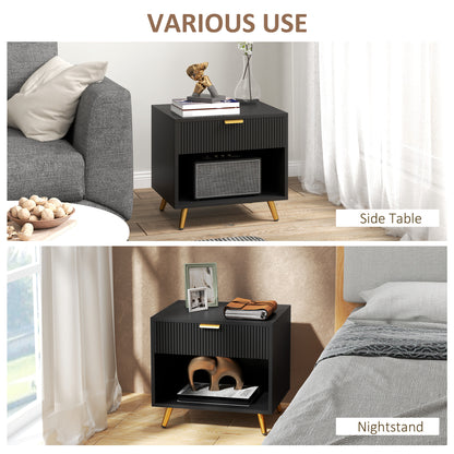 Hana Bano Black And Gold Tone Elegant Bedside Table With Ribbed Drawer And Shelf
