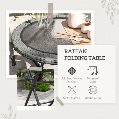 Doco 68cm Rattan Grey Folding Round Outdoor Coffee Table With Ripple Effect Glass Top