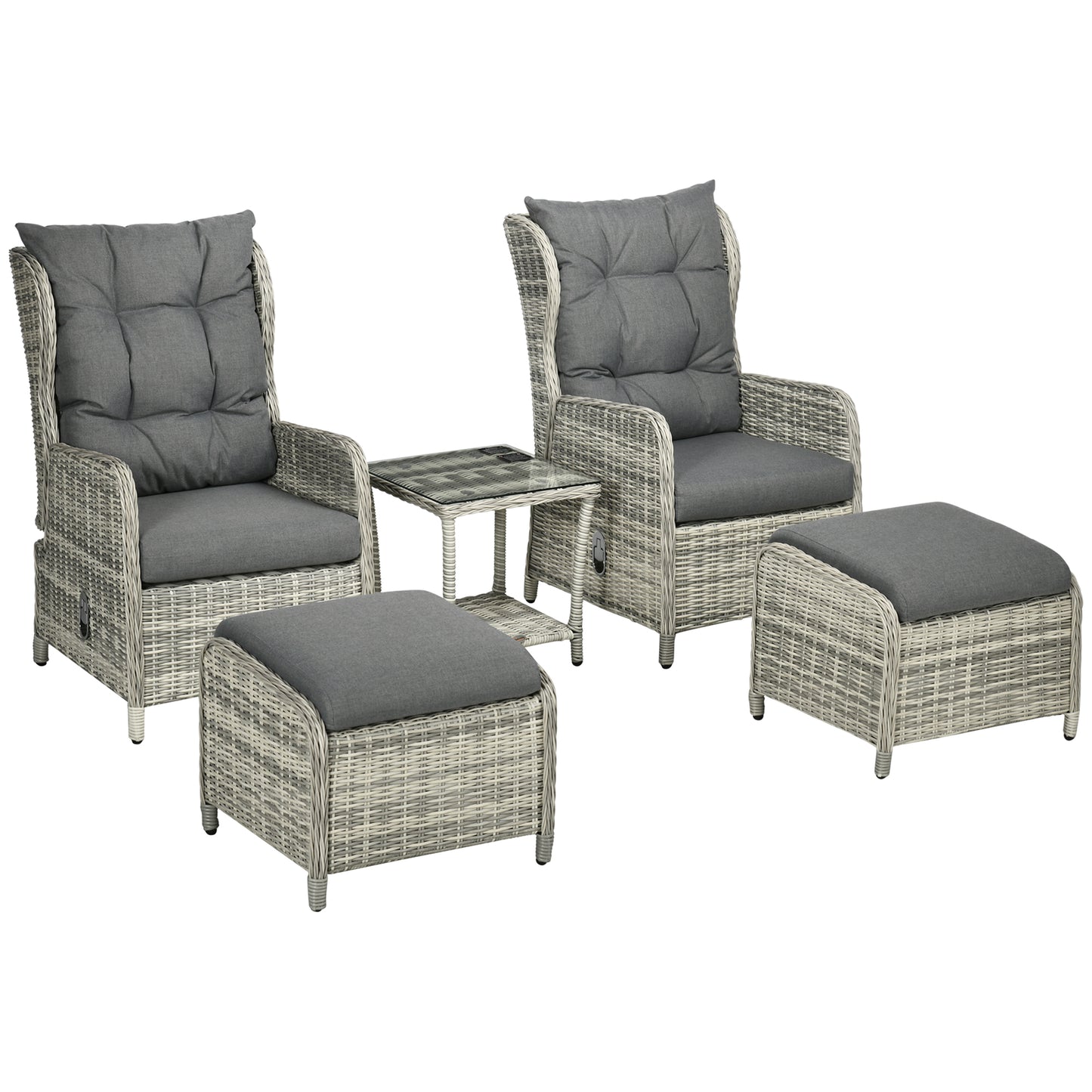 Lusuva Faux Rattan Grey 5 Piece Reclining Bistro Set With Footstools Cushions And Glass Table