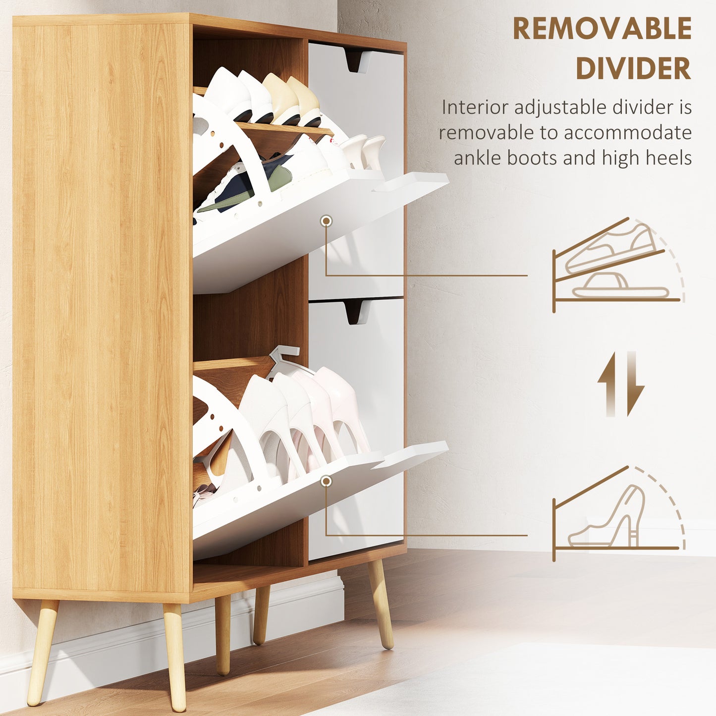 Margarita Wooden Natural  and White Shoe Cabinet With 4 Flip Drawers For 8 To 16 Pairs