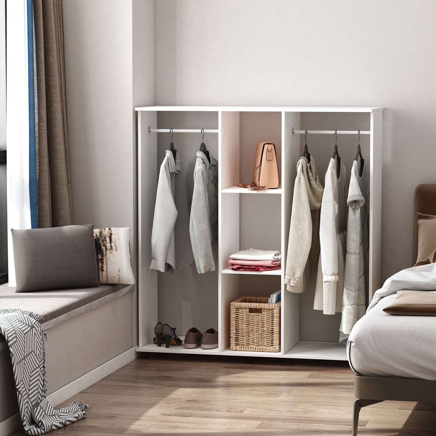 Belario White Double Open Wardrobe With Shelves Hanging Rail And Lockable Wheels