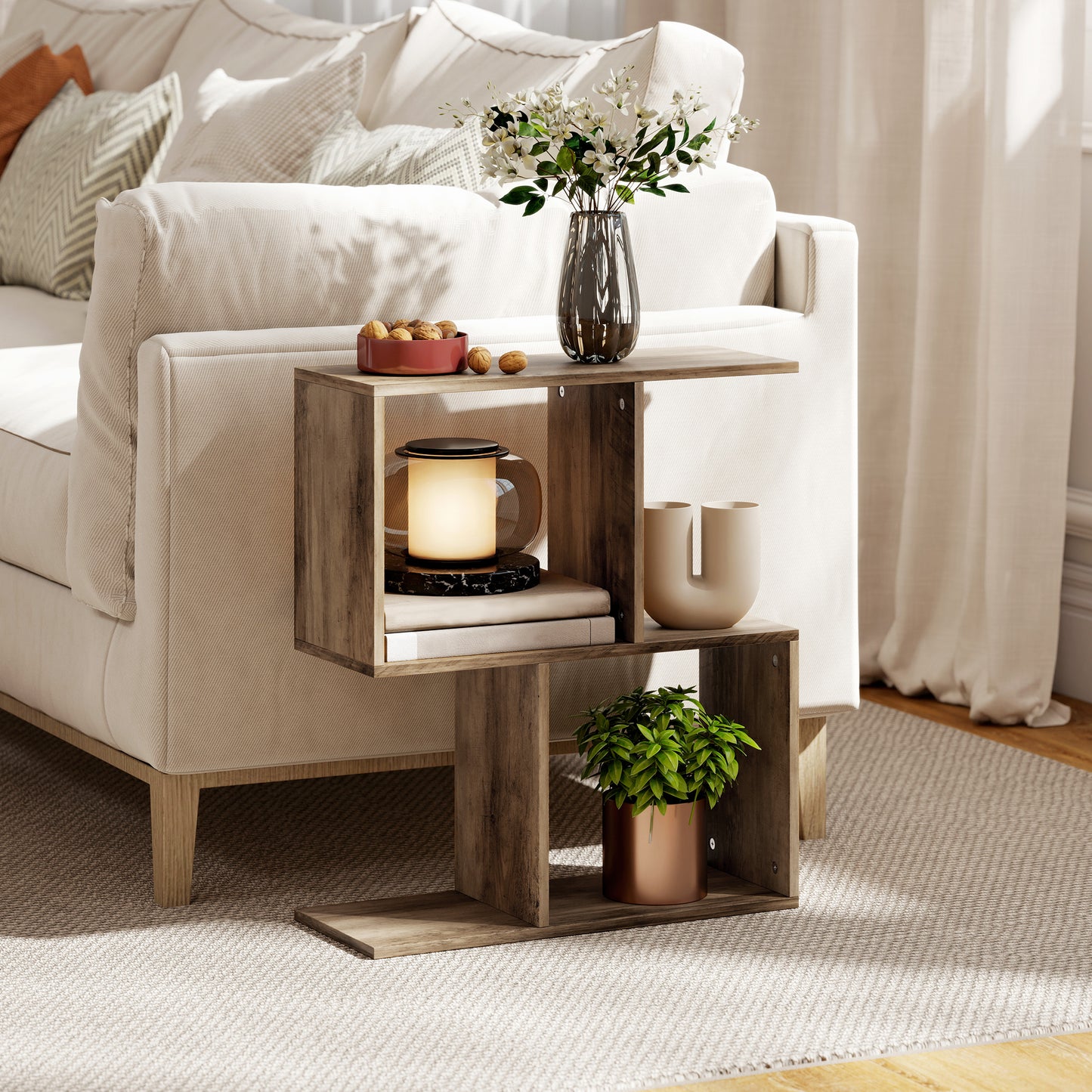 Tolezi Wooden Oak Narrow S Shaped Side Table With 3 Tier Storage