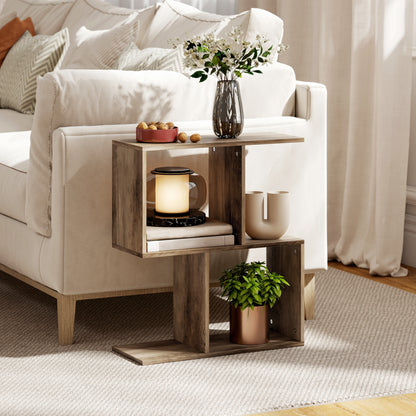 Tolezi Wooden Oak Narrow S Shaped Side Table With 3 Tier Storage