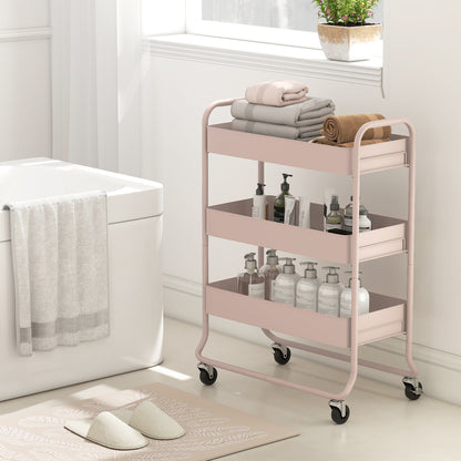 Noluli Doha Metal Light Pink 3 Tier Rolling Utility Trolley With Mesh Baskets