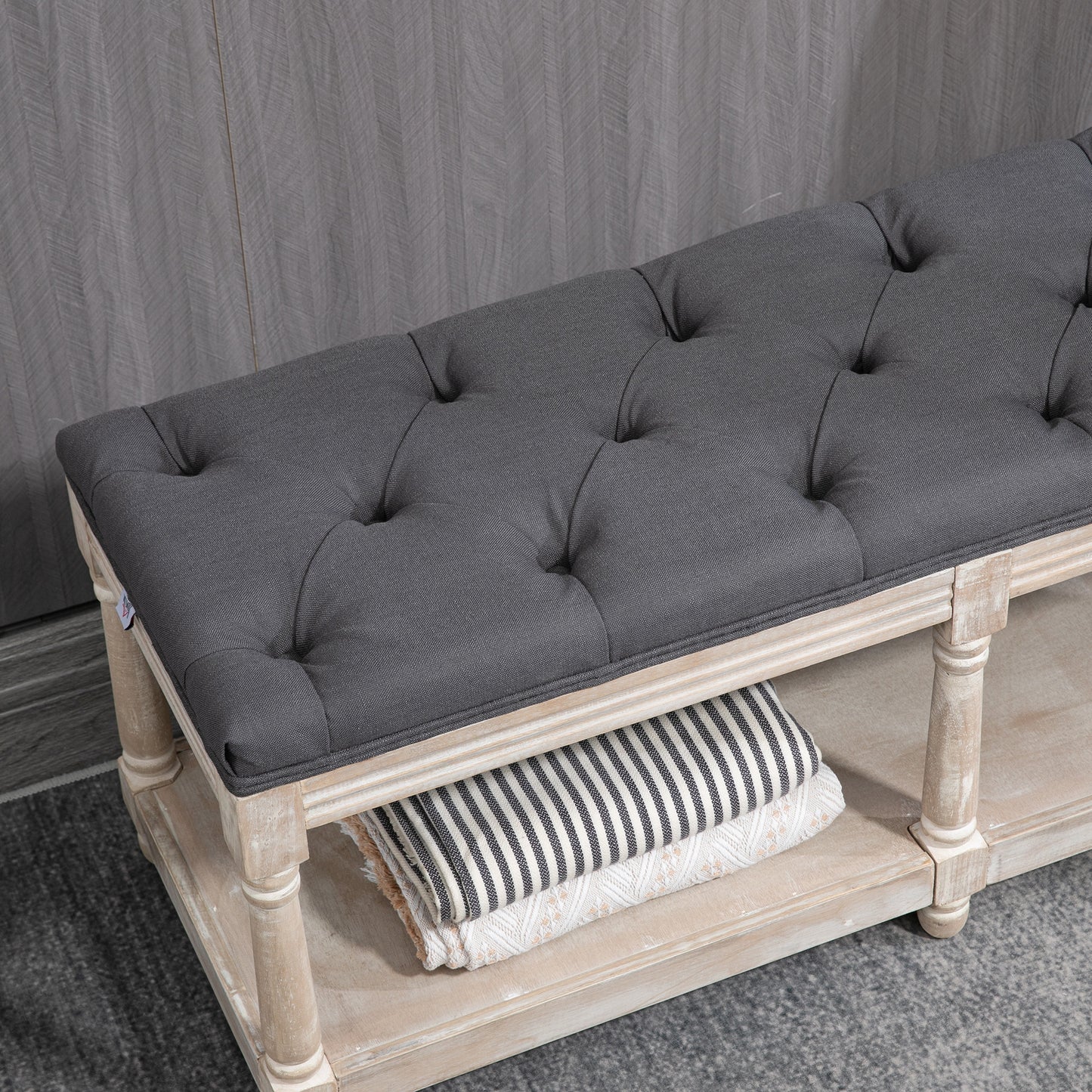 Lono Grey 2 Tier Vintage Style Bed End Bench With Storage Shelf Tufted Diamond