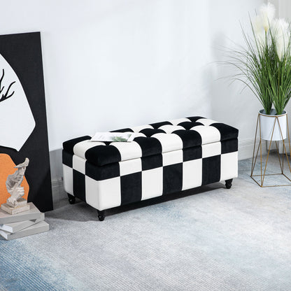 Tava Velvet Black and White Storage Bench With Wooden Legs For Bedroom