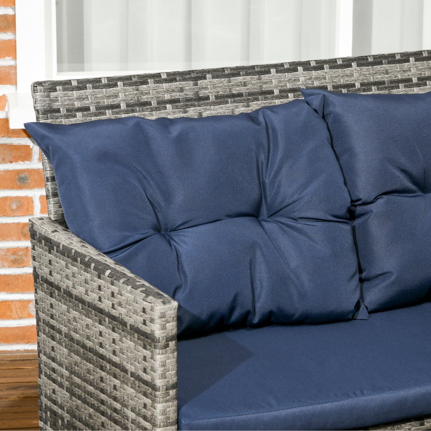 Rarapa Rattan Dark Blue 7 Seater Garden Sofa Set With Glass Table And Cushions