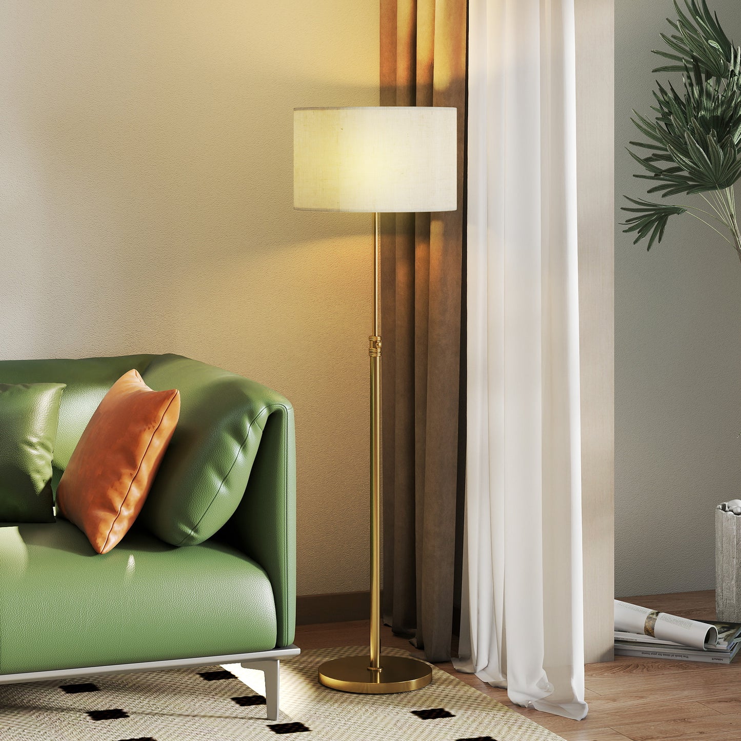 Mava Metal Gold Tone Adjustable Floor Lamp With Linen Shade Dimmable