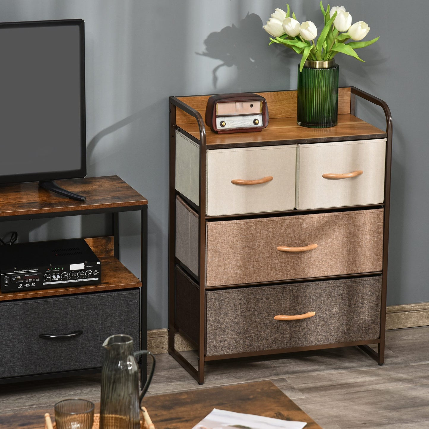 Matilda Natural Wood Top 4 Brown Fabric Storage Drawer and Black Steel Frame