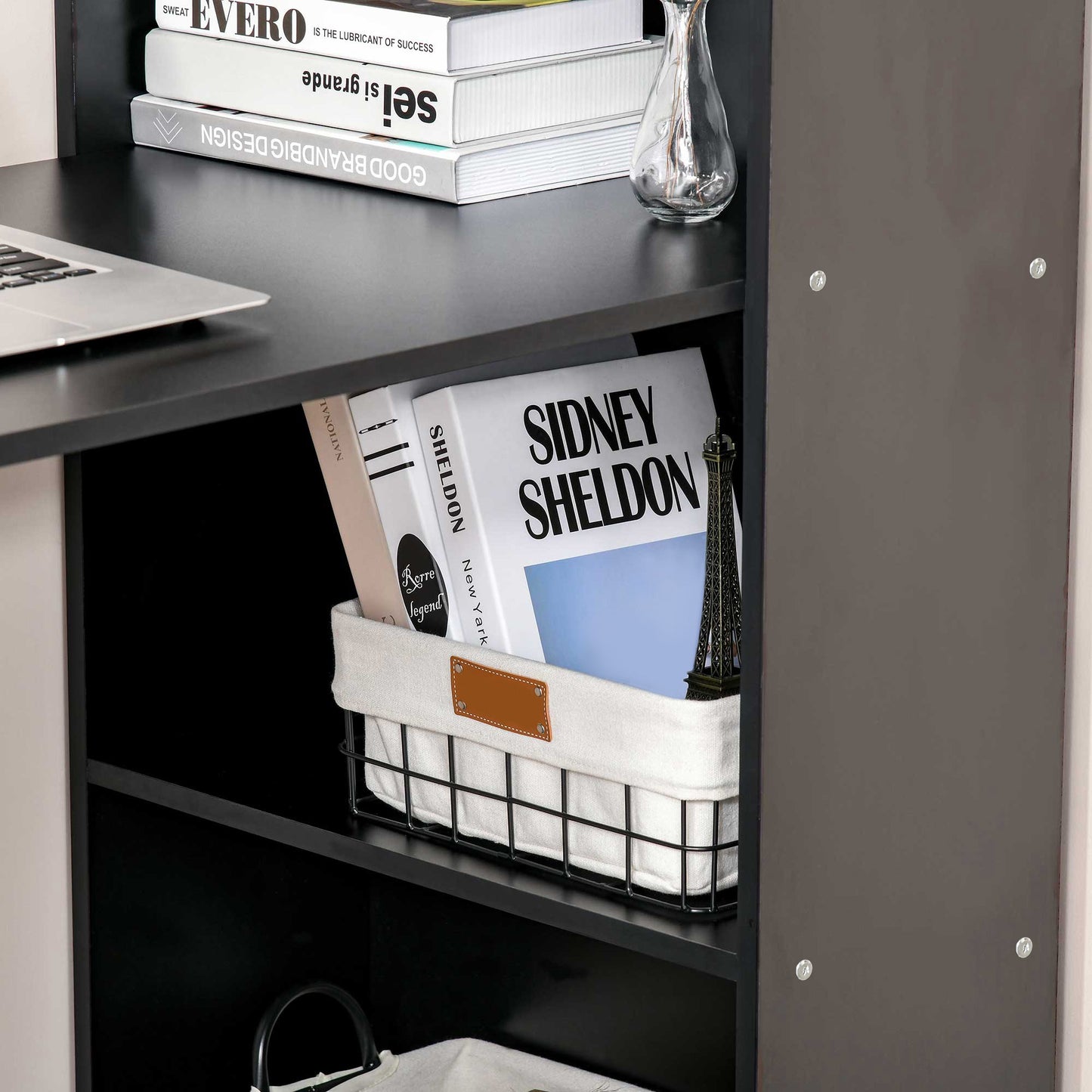 Elni 120cm Wooden Black Study Desk With 6 Tier Bookshelf Storage