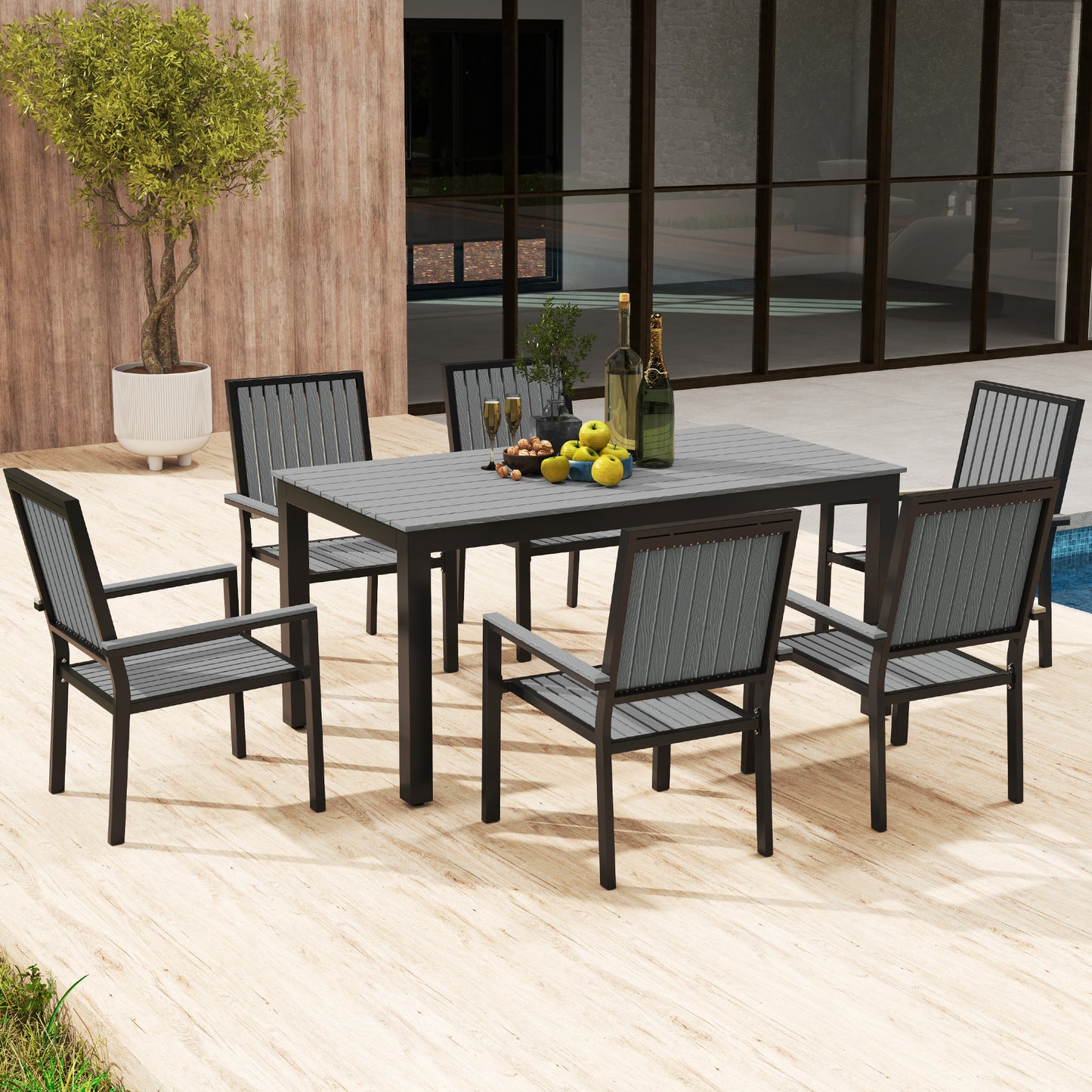 Tala  6 Seater Grey Garden Dining Set with Stackable Chairs Rectangular Table