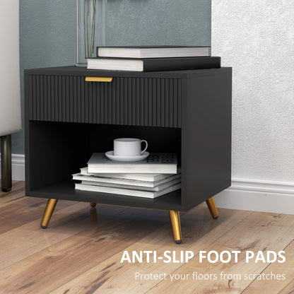 Hana Bano Black And Gold Tone Elegant Bedside Table With Ribbed Drawer And Shelf