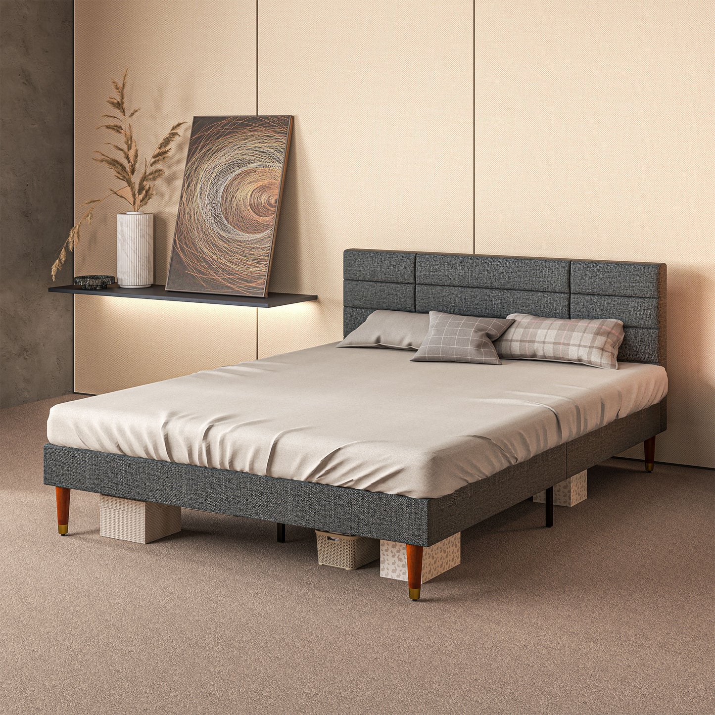 Narane 5FT Grey Upholstered King Bed Frame With Slatted Base and Fruitwood Legs