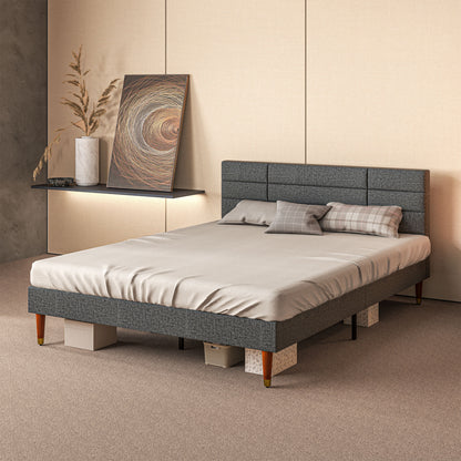 Narane 5FT Grey Upholstered King Bed Frame With Slatted Base and Fruitwood Legs