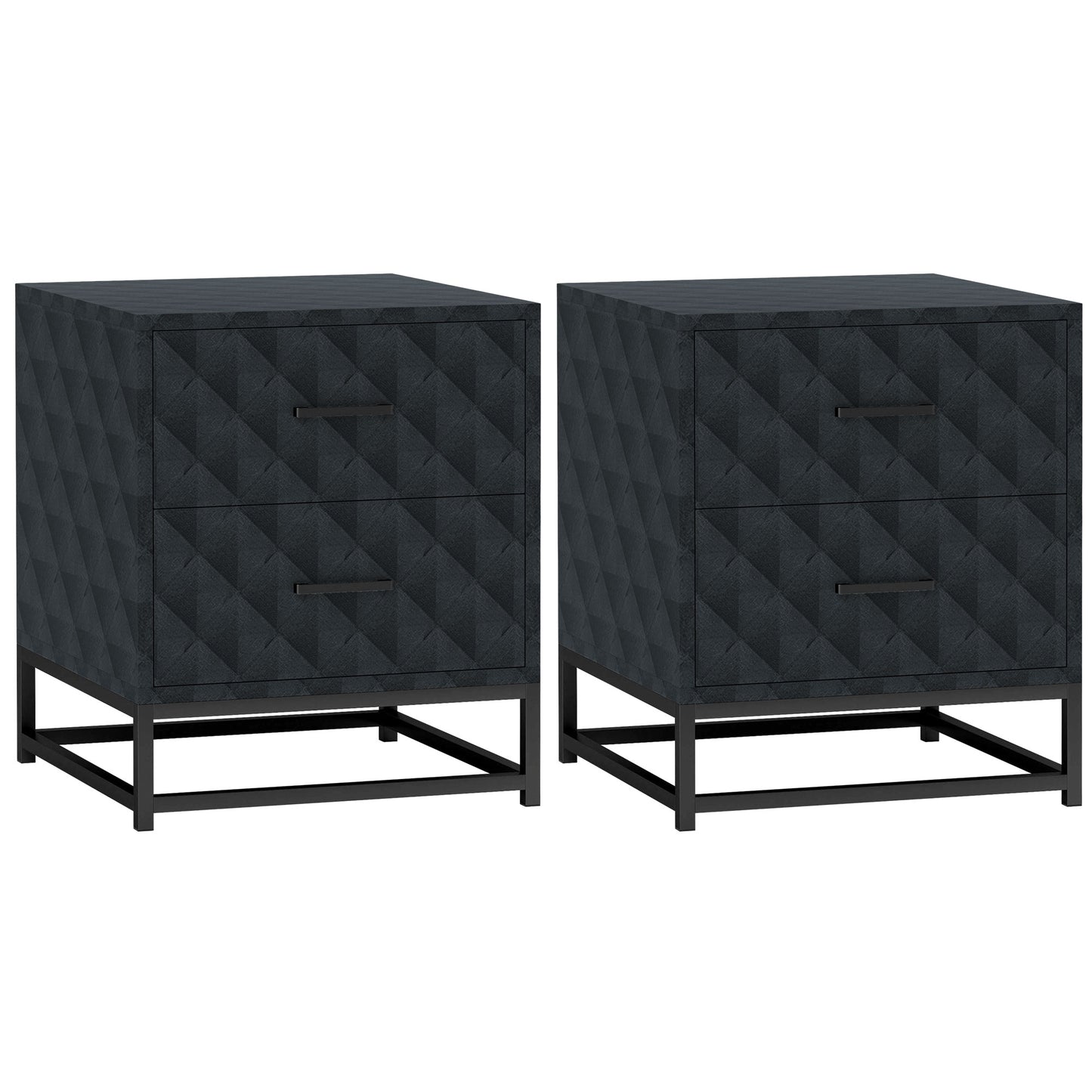 Roel Set Of 2 Black Retro Bedside Tables With 2 Drawers And Steel Legs