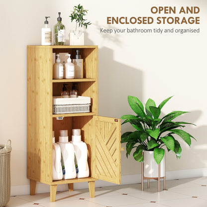 Mire Slim Freestanding Bathroom Storage Cabinet With Bamboo Door Legs And OFauxn Compartments Natural Wood Finish