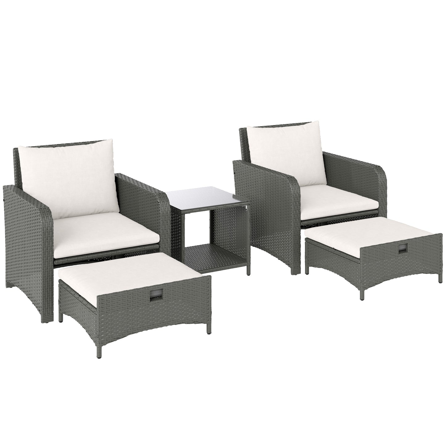 Mami Rattan Grey and White Outdoor Garden Bistro Set With 2 Tier Coffee Table And Footstools