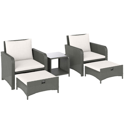 Mami Rattan Grey and White Outdoor Garden Bistro Set With 2 Tier Coffee Table And Footstools
