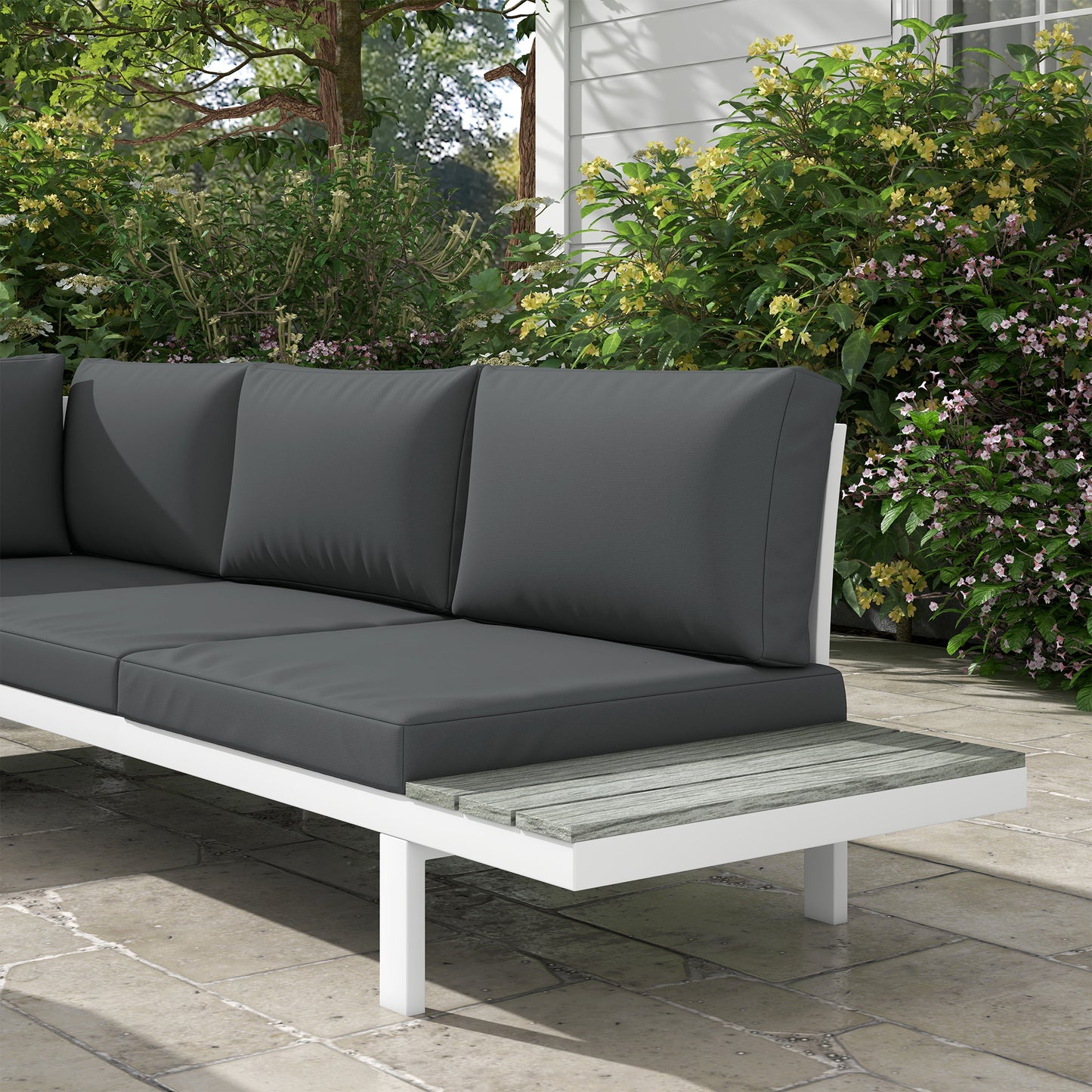 Vayo Metal White Frame 5 Seater Reclining Corner Garden Sofa Set With Wood Effect Table And Grey Cushions