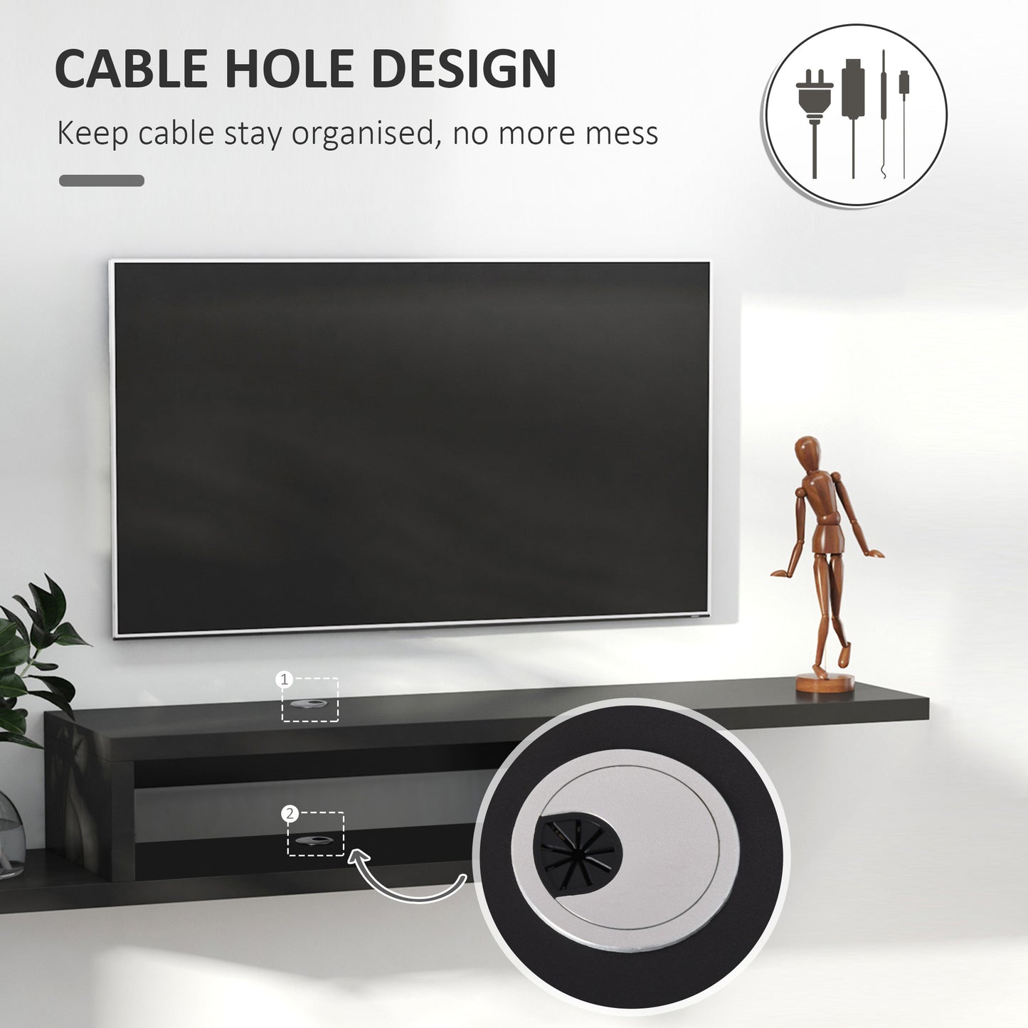 Mika Mael 152cm Wooden Black Wall Mounted Floating TV Unit With Open Shelving And Cable Ports