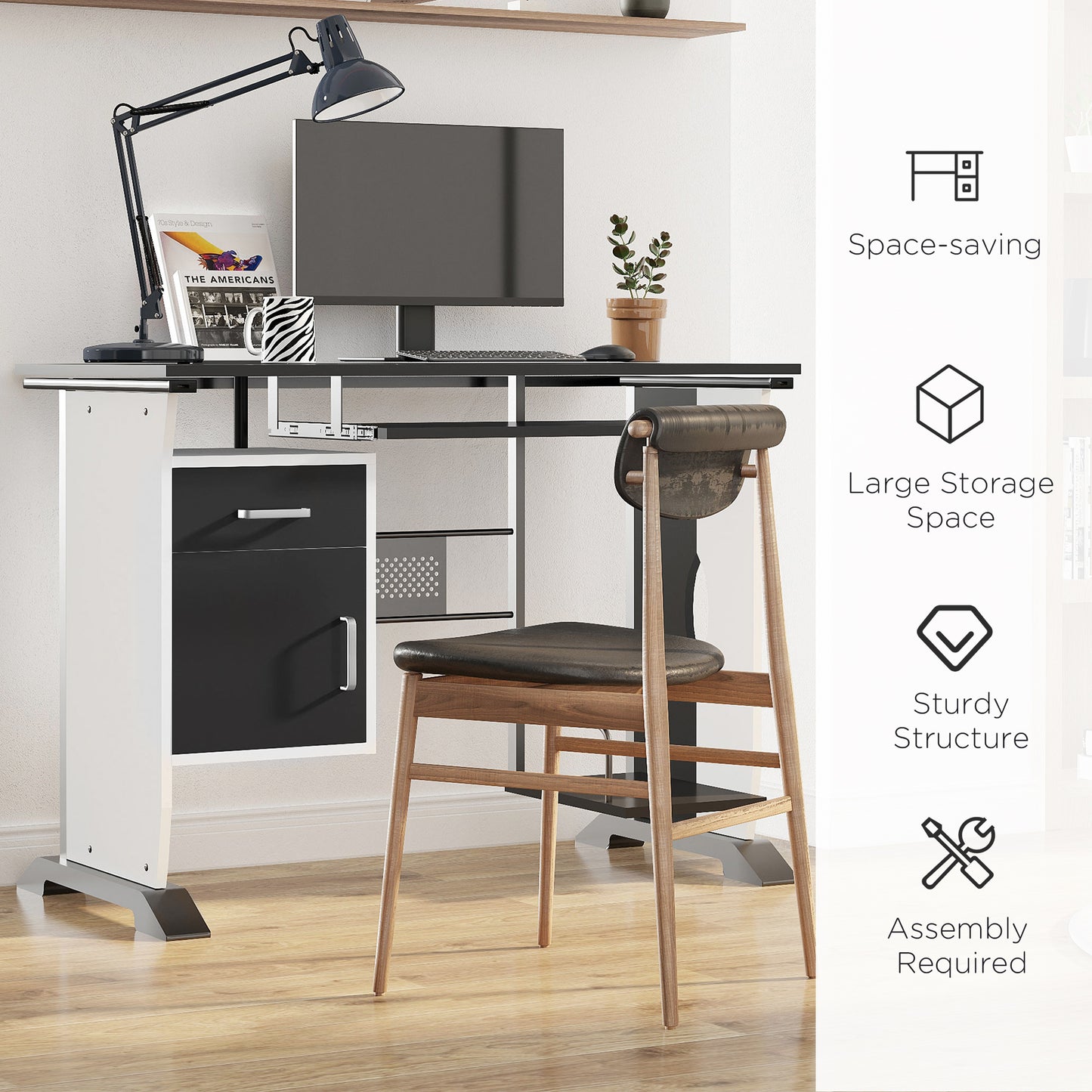 Tafi 100cm Wooden Black Home Office Desk With Keyboard Tray Drawers And Storage Shelves