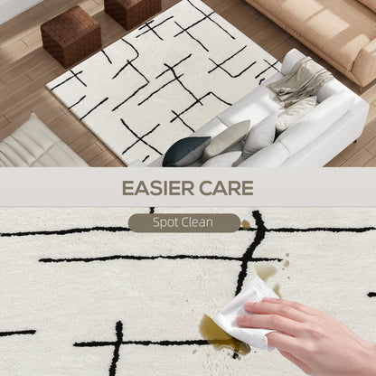 Soelvi White and Black Fluffy High Pile Geometric Rug 170 x 120cm