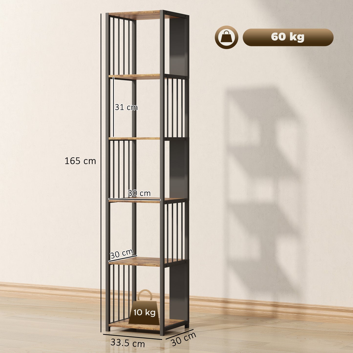 Remo Metal And Wood Rustic Brown 5 Tier Bookshelf With Steel Frame
