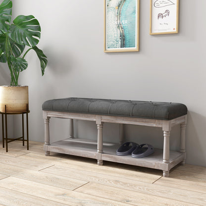 Lono Grey 2 Tier Vintage Style Bed End Bench With Storage Shelf Tufted Diamond