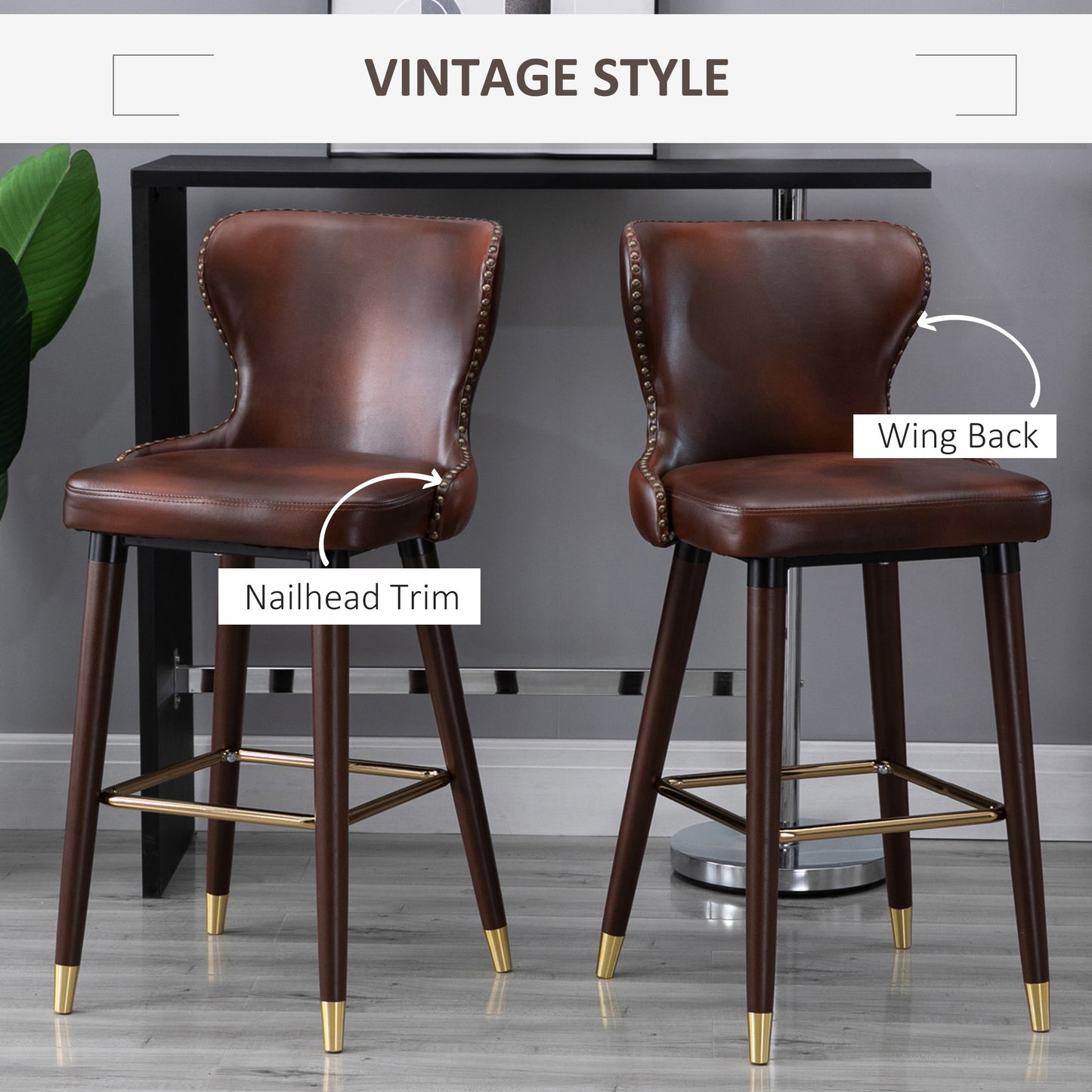 Halotti Faux Leather Brown Bar Stools Set Of 2 With Back Support And Wooden Legs