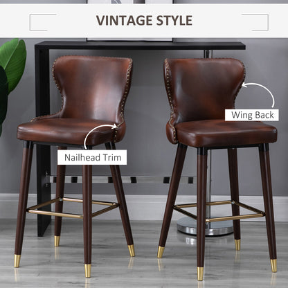 Halotti Faux Leather Brown Bar Stools Set Of 2 With Back Support And Wooden Legs