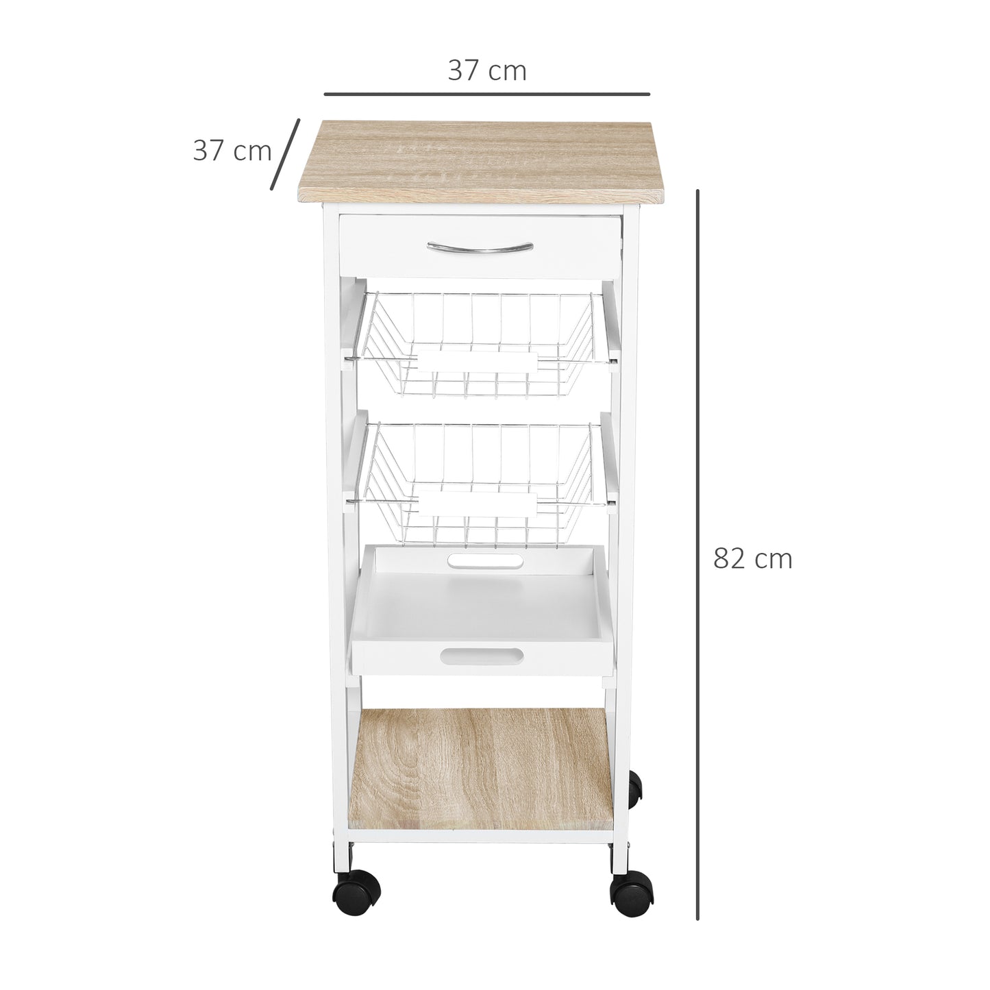 Dini Wooden White Mobile Kitchen Trolley With Baskets Shelves And Wheels