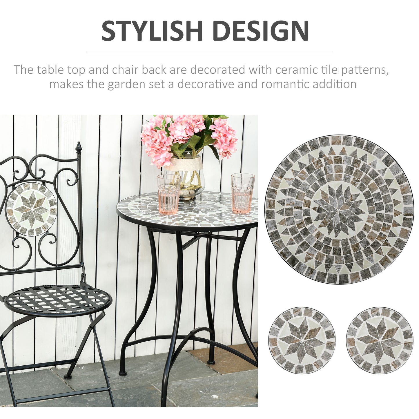 Lilera 3 Piece Mosaic Tile Bistro Set With Folding Chairs And Metal Frame