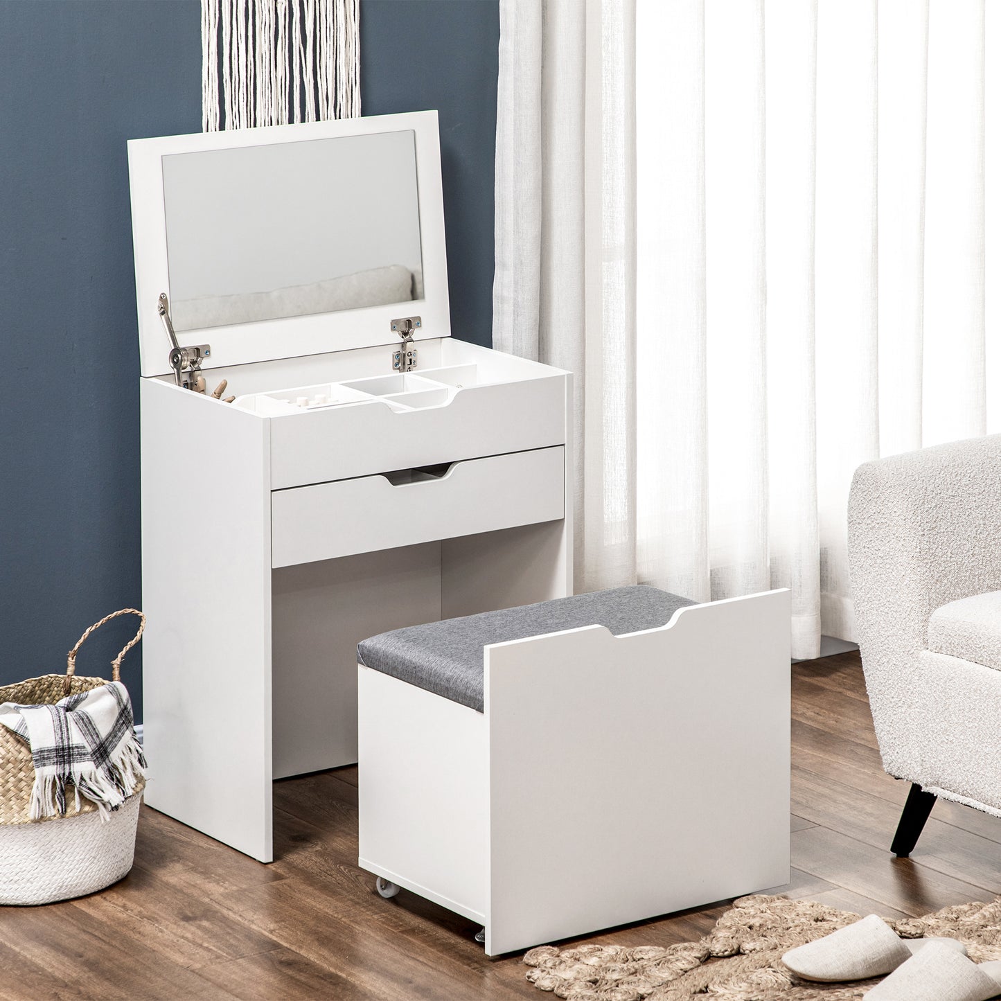 Nohadi White Dressing Table With Flip Up Mirror Hidden Storage Compartments And Drawer Unit