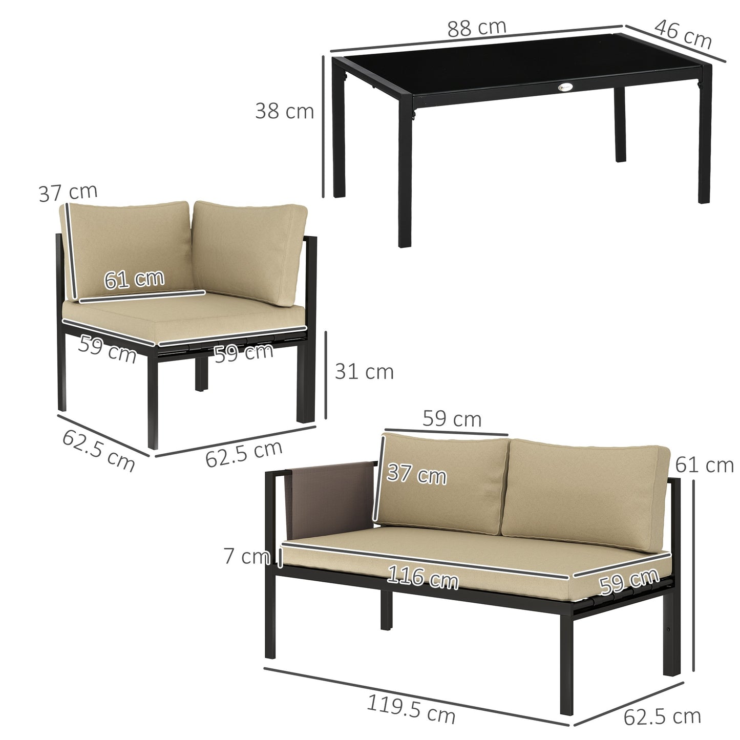Cichetti Beige 5 Seater Corner Garden Sofa Set With Glass Top Coffee Table And Cushions