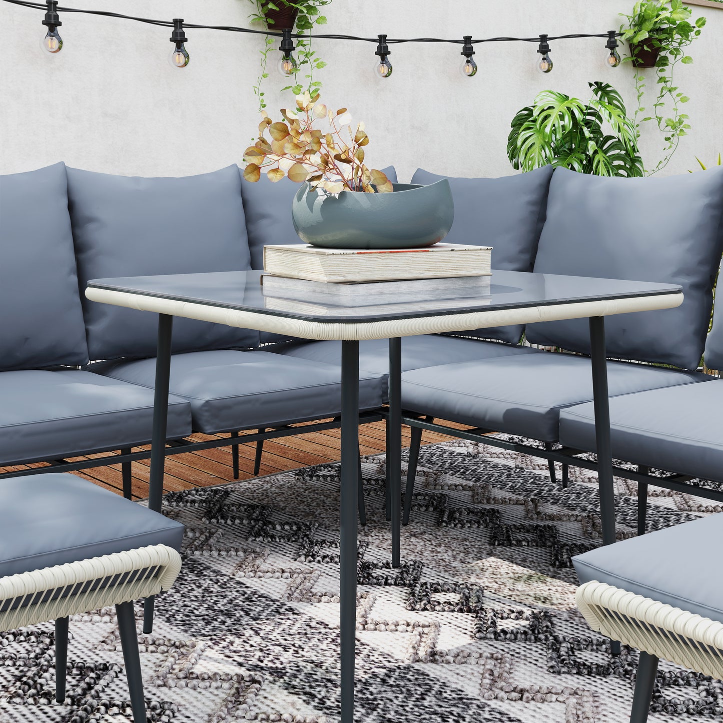 Vika Natural Rattan Grey 7 Seater Garden Sofa Set with Coffee Table and 2 Stools