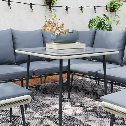 Vika Natural Rattan Grey 7 Seater Garden Sofa Set with Coffee Table and 2 Stools