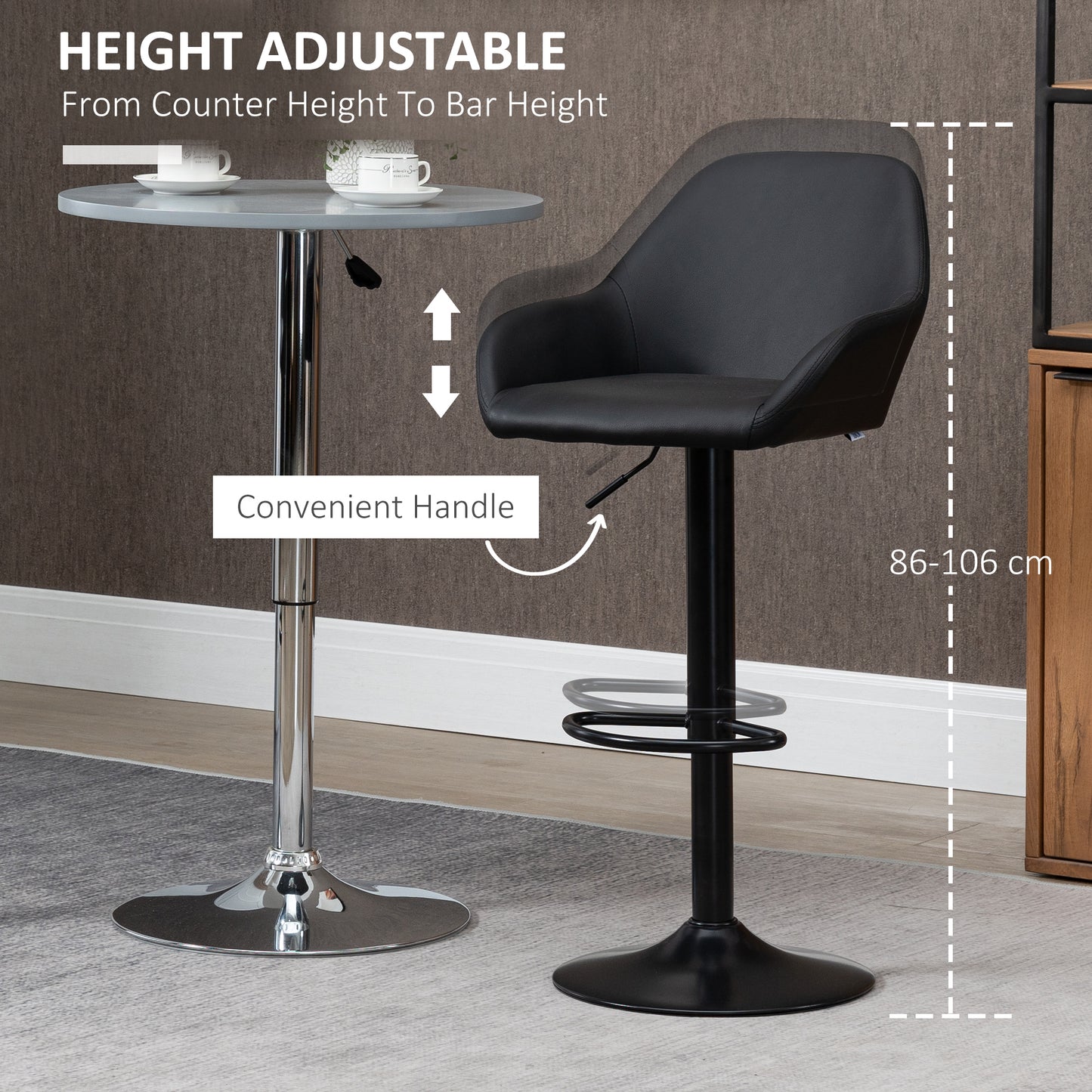 Falani Set Of 2 Black Faux Leather Adjustable Bar Chairs With Armrests