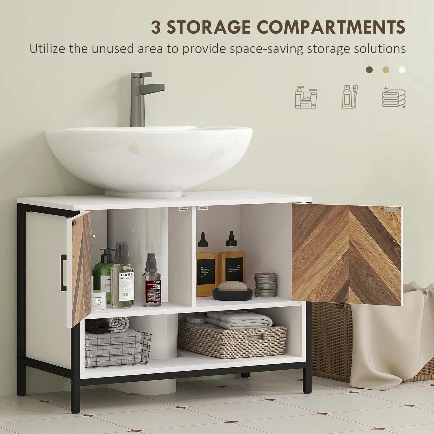 Saha Rato Rustic Cream White Under Sink Cabinet With Herringbone Doors And OFauxn Compartment