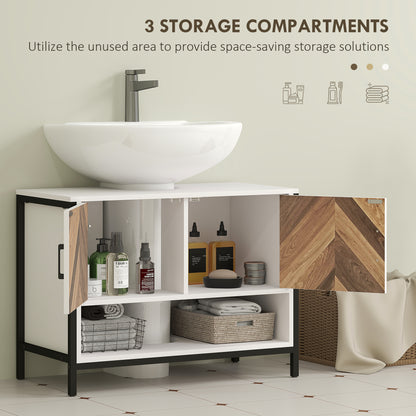Saha Rato Rustic Cream White Under Sink Cabinet With Herringbone Doors And OFauxn Compartment