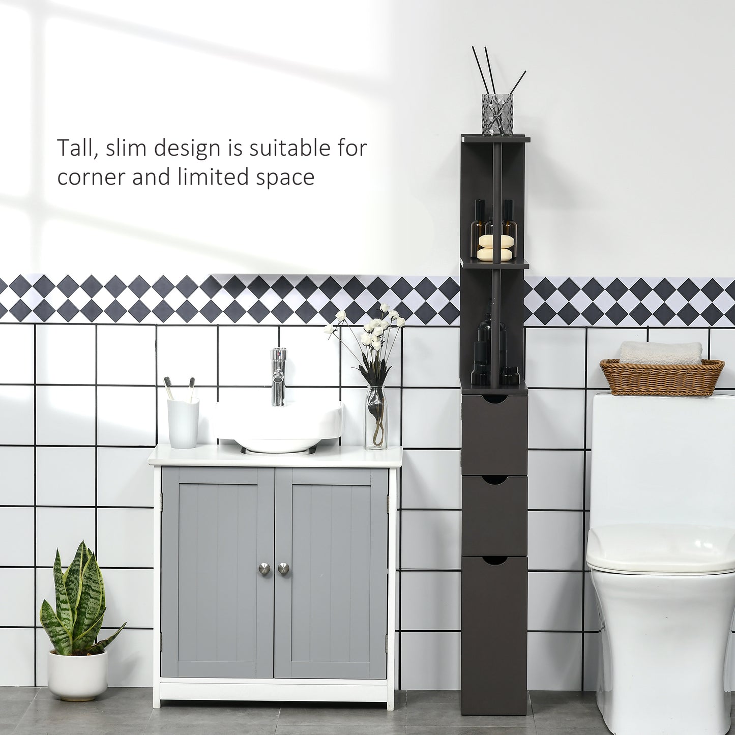 Dolo Suma Slim Freestanding Bathroom Storage Cabinet With Shelves And Drawers In Brown