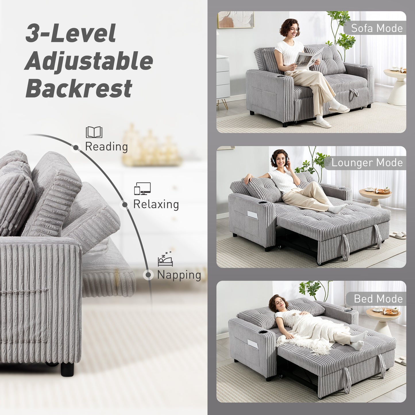 Lore Light Grey Corduroy 2 Seater Click Clack Sofa Bed