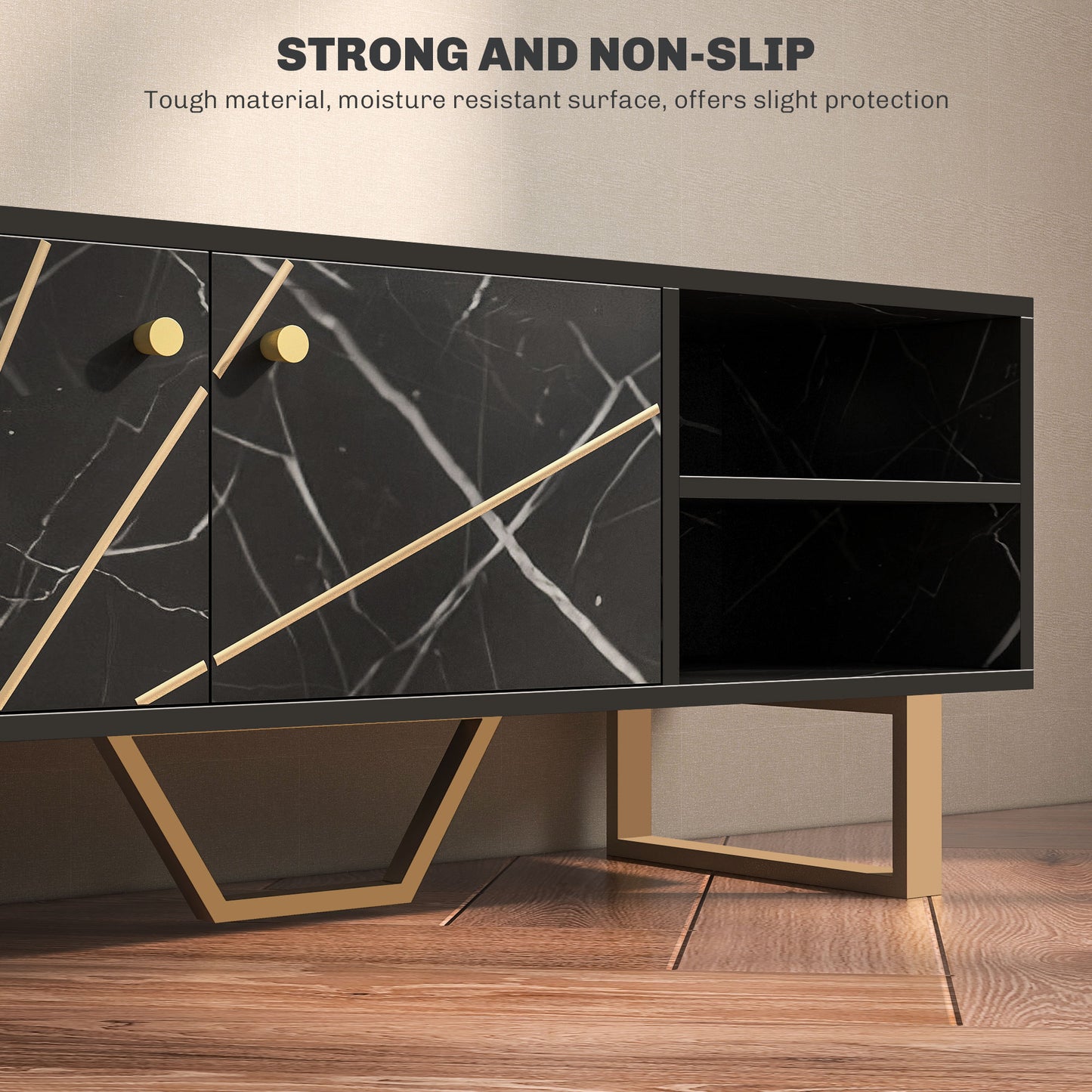 Vinika 110cm Wooden Black Marble Effect TV Console With Shelves And Storage For Screens Up To 50 Inches