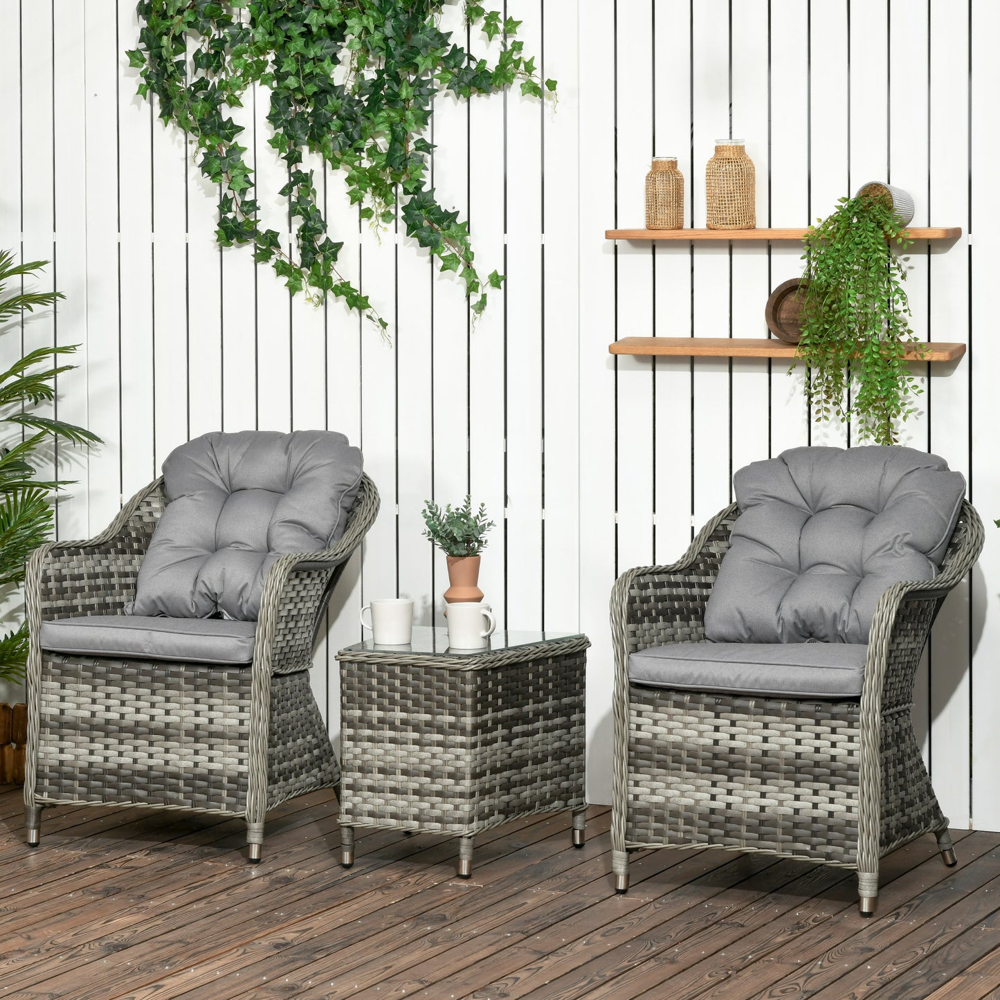 Yosu Rattan Grey 3 Piece Bistro Set With Glass Top Table