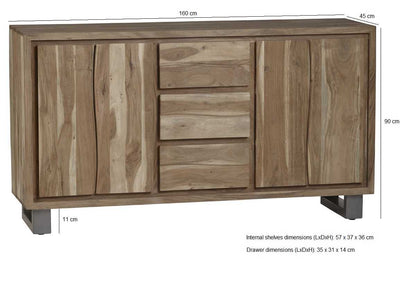 Wellington Acacia Wood Modern Wide Media Unit 2 Doors 3 Drawers